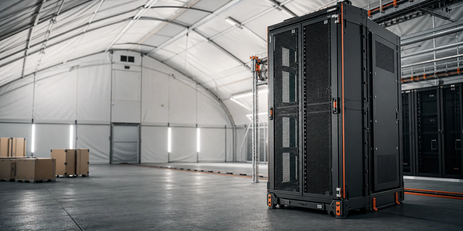 An ORBNEX Labs rapid-deployment rack enclosure staged inside a temporary data center shelter.
